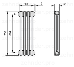 Схема (чертеж) Радиатор Zehnder Charleston 2075/4 №1270 Белый глянцевый RAL 9016